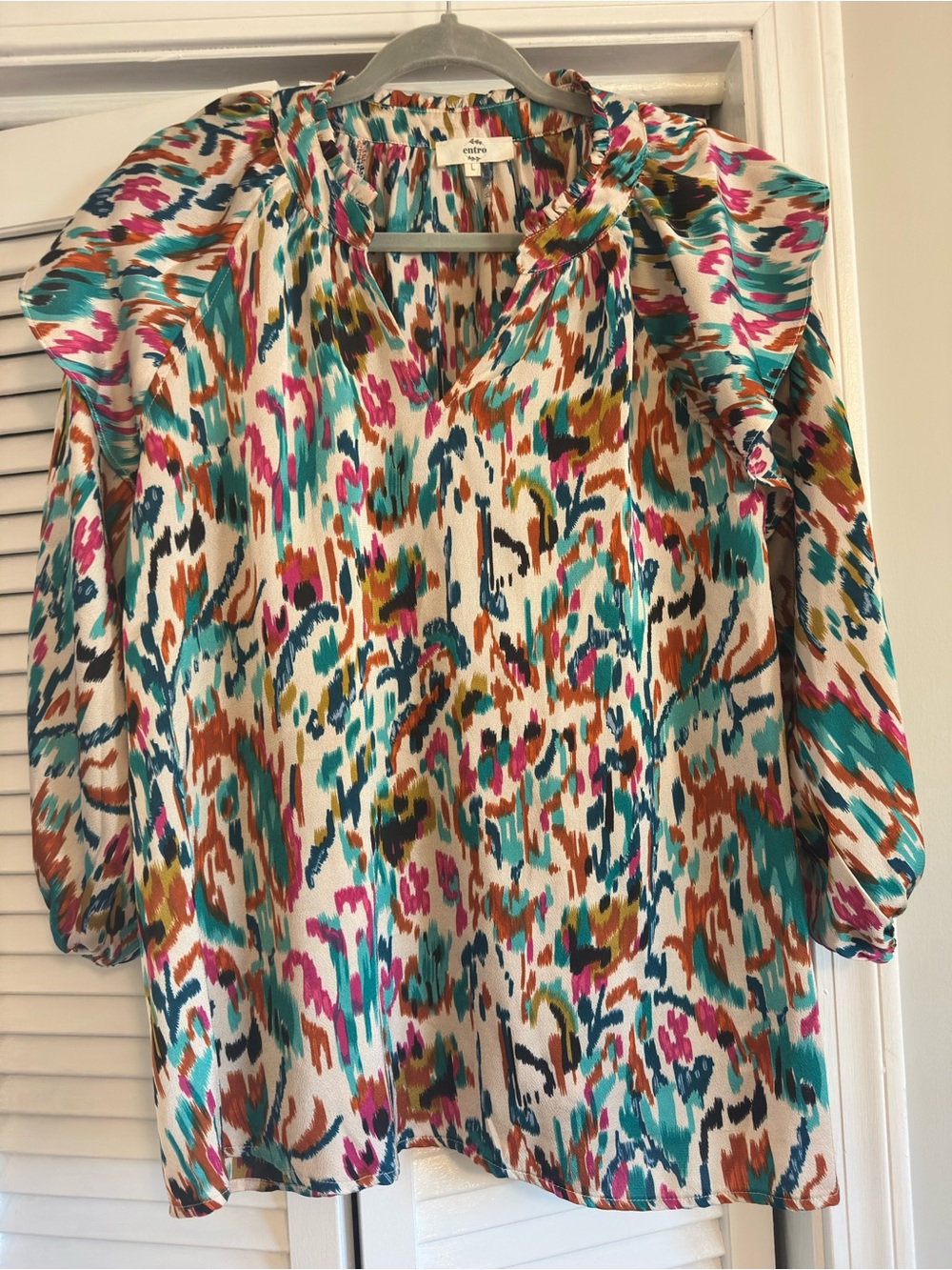 Multicolor Abstract Print V-Neck Blouse — Teal, Pink, Brown, Cream